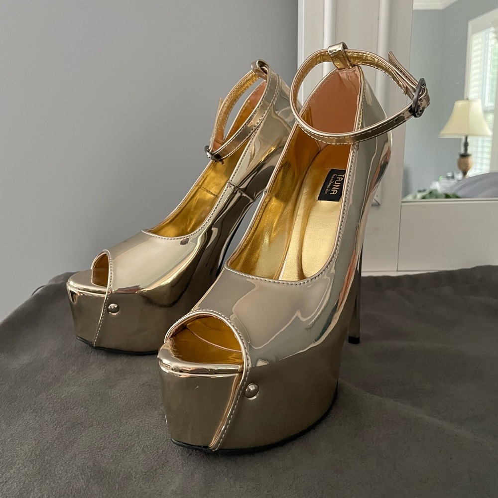 Gold Mary Jane Open Toe Metallic Heels